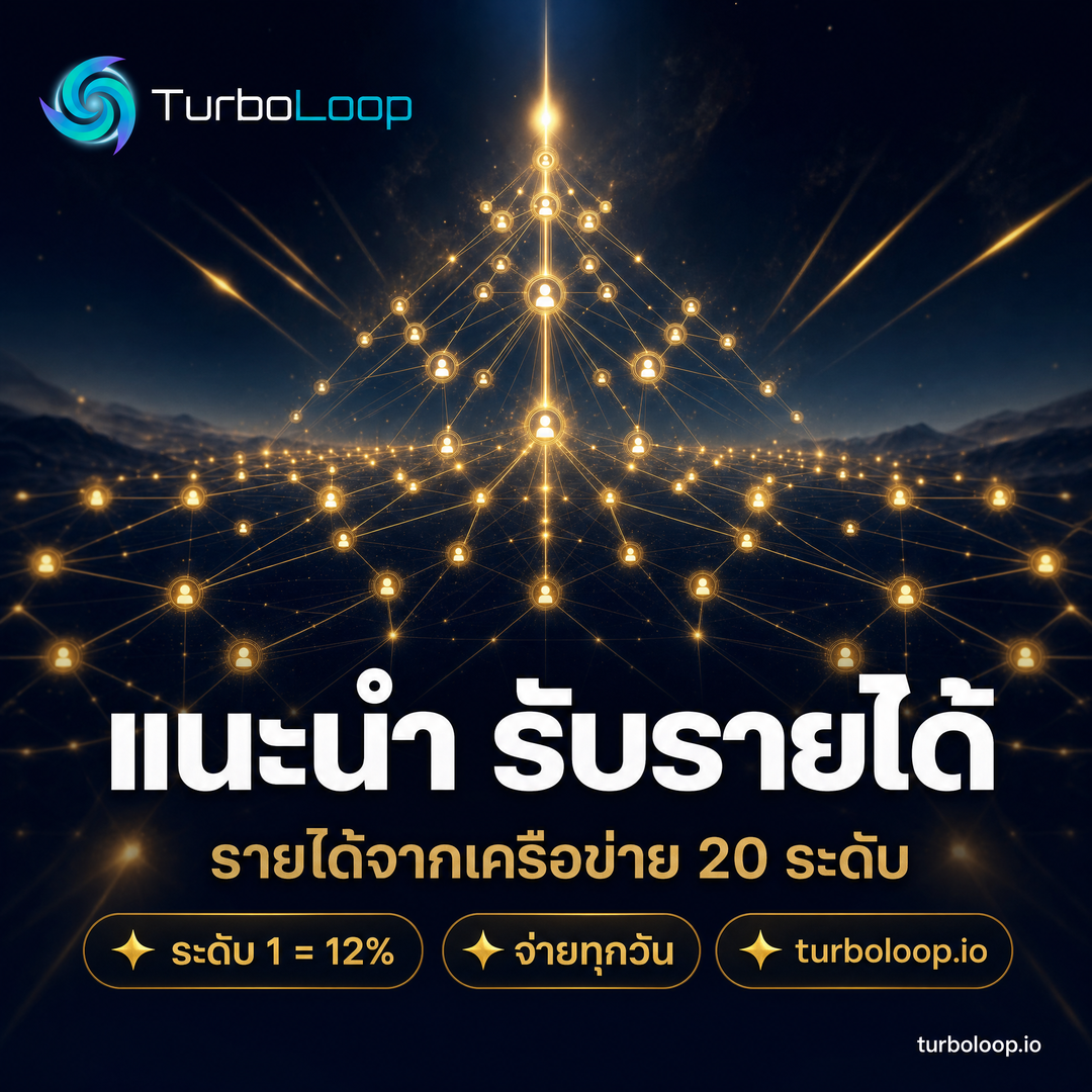 TurboLoop Thai market banner — Referral Cinematic NavyGold FullBleed — 20-level referral system, earn daily at 00:00 UTC
