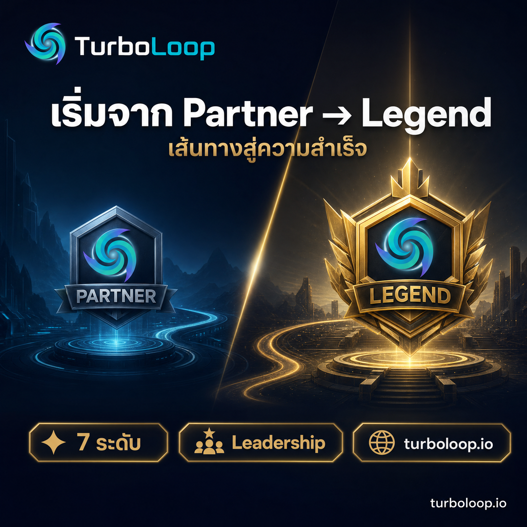 TurboLoop Thai market banner — Ranks Cinematic NavyGold SplitScreen — Partner to Legend — 7 leadership levels