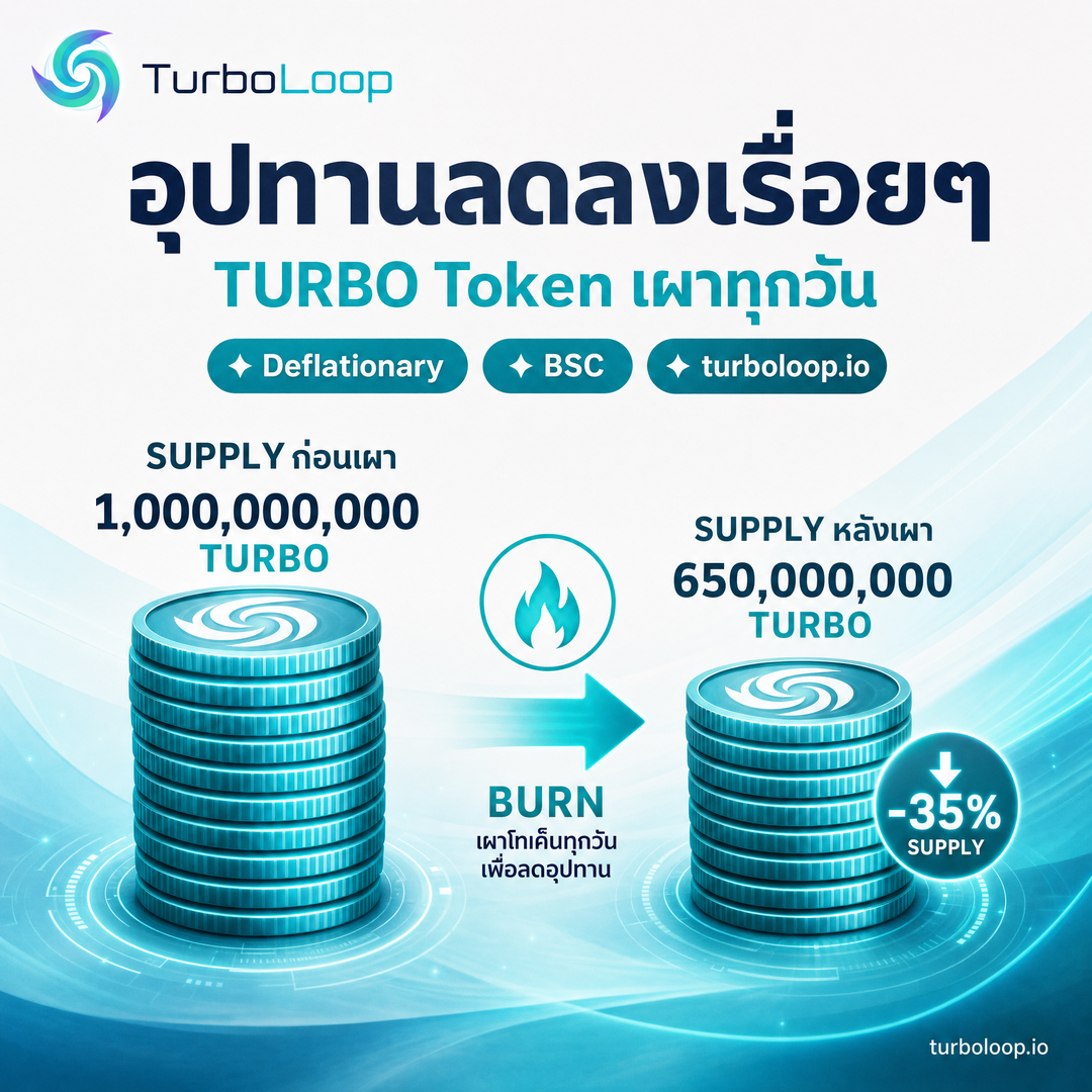 TurboLoop Thai market banner — Token PhotoReal TealWhite SplitScreen — Daily burn at 14:00 UTC, deflationary token on BSC