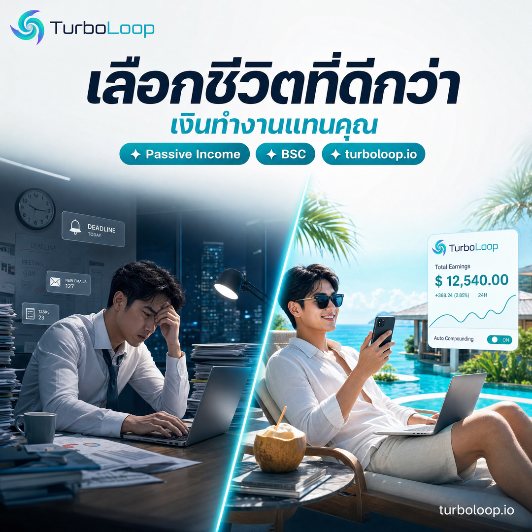 TurboLoop Thai market banner — Life 3DRender TealWhite SplitScreen — Lifestyle and aspiration — passive income freedom